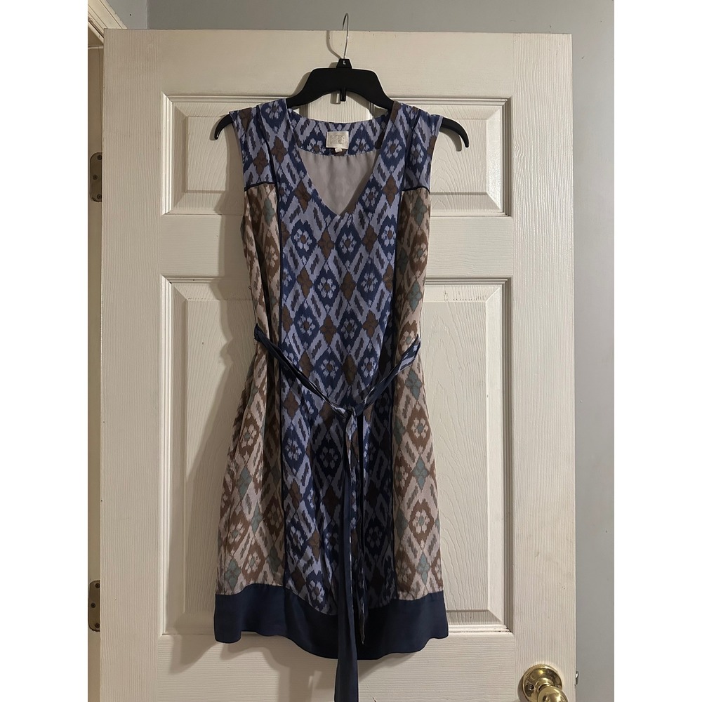 Coquille Anthropologie Blue Ikat Geometric Belted Silk‎ Sleeveless Dress Size 0